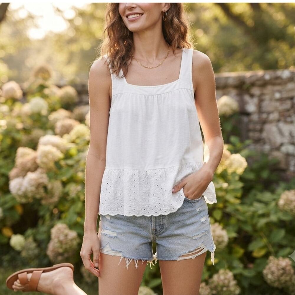 By Anthropologie White Eyelet Tank Top Sz M Cotton Boho Chic Summer Cottagecore